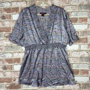 Y2K “Say what?” Satin floral babydoll top Fairy Core XL Purple Floral Ruffle